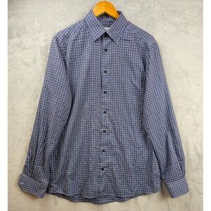 Eton Contemporary Blue Gingham Plaid Dress Shirt Mens Large Lightweight Casual